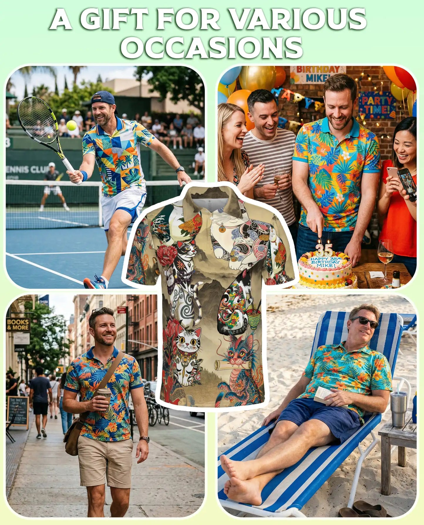 Japanese Tattoo Cat 3D Polo Shirt for Men, Asian Dragon Art Style | Azhawaiian