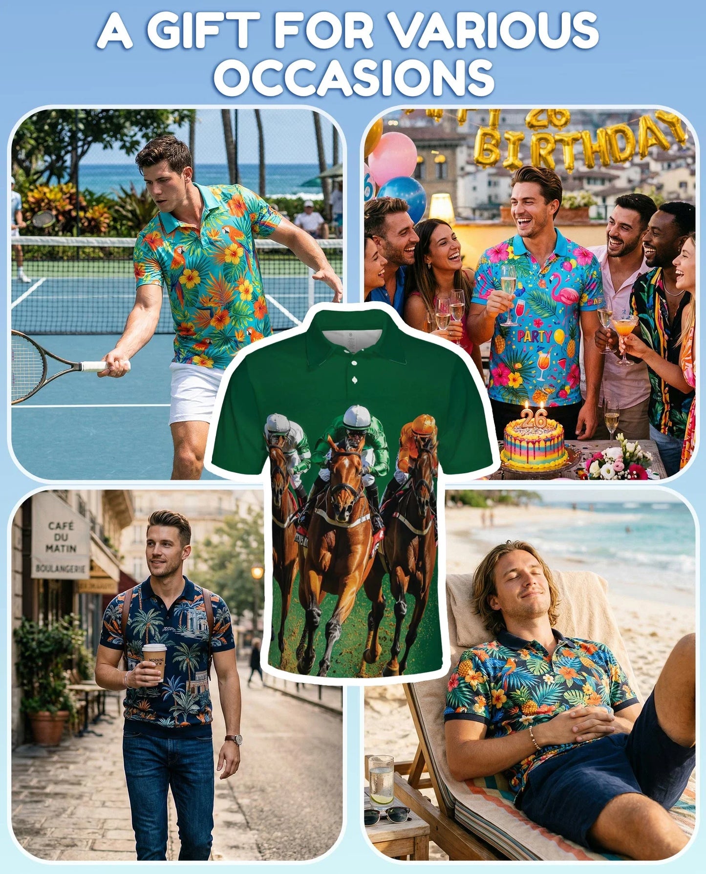 Green Horse Racing Polo Shirt for Men, Equestrian Sport Style | Azhawaiian