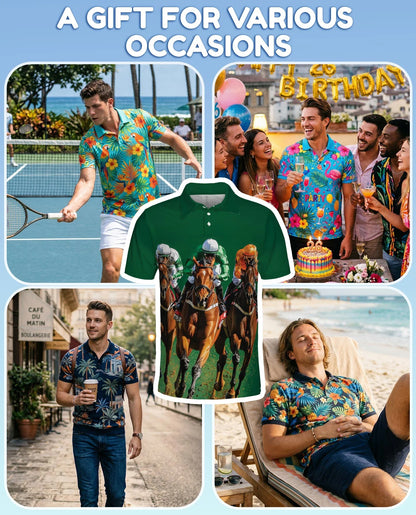 Green Horse Racing Polo Shirt for Men, Equestrian Sport Style | Azhawaiian