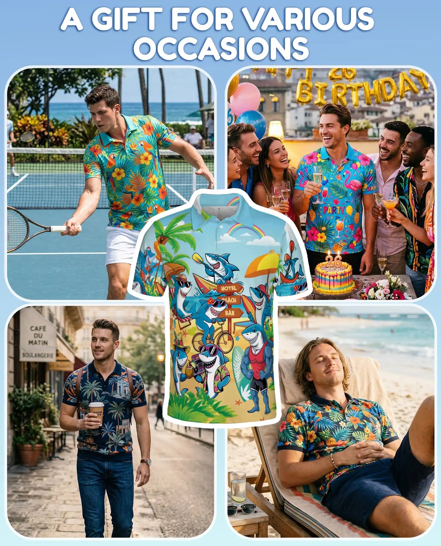 Beach Shark Polo Shirt for Men, Fun Vacation Style | Azhawaiian