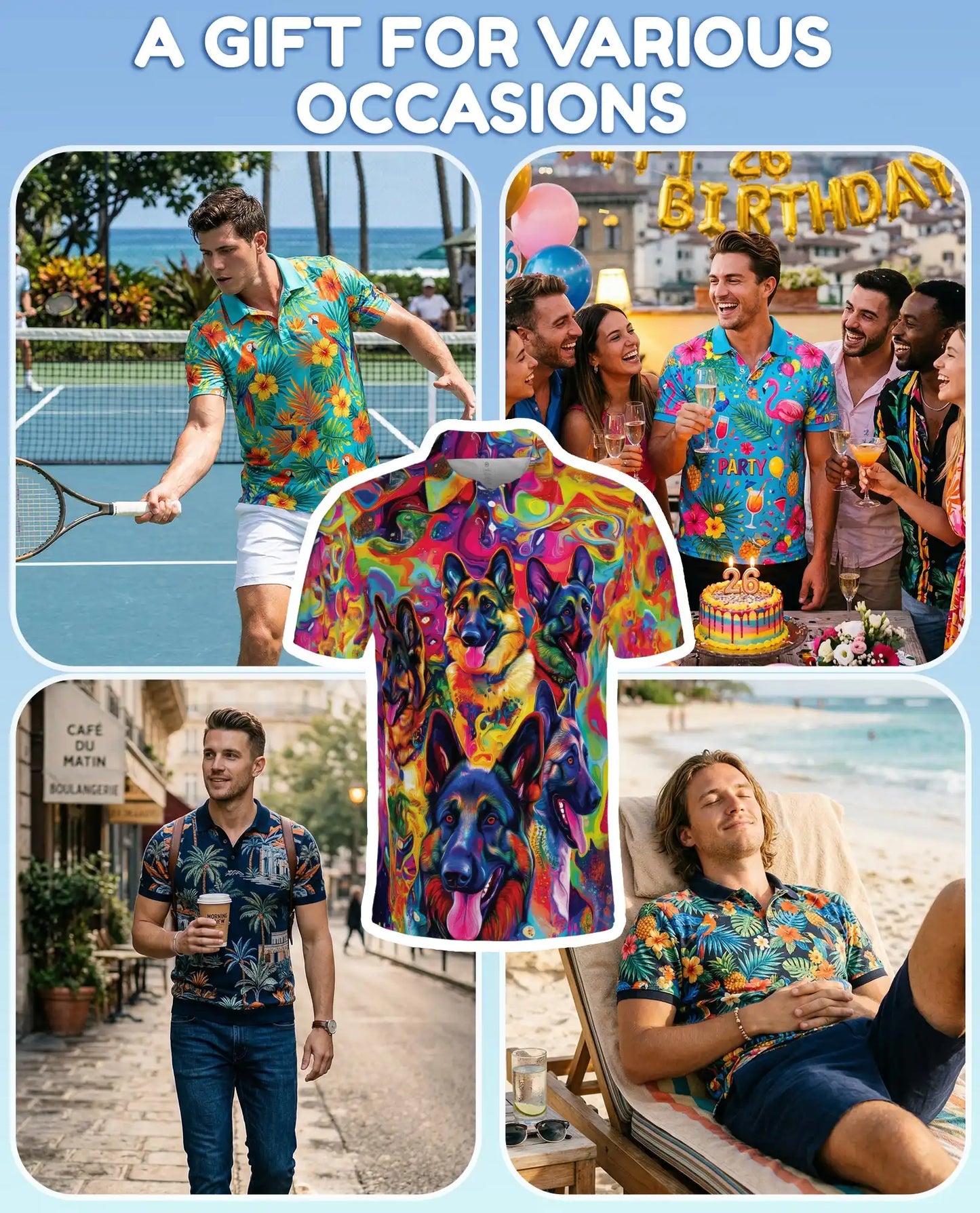 Psychedelic German Shepherd 3D Polo Shirt for Men, Colorful Dog Lover Art Style | Azhawaiian