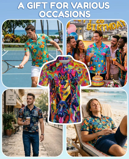 Psychedelic German Shepherd 3D Polo Shirt for Men, Colorful Dog Lover Art Style | Azhawaiian