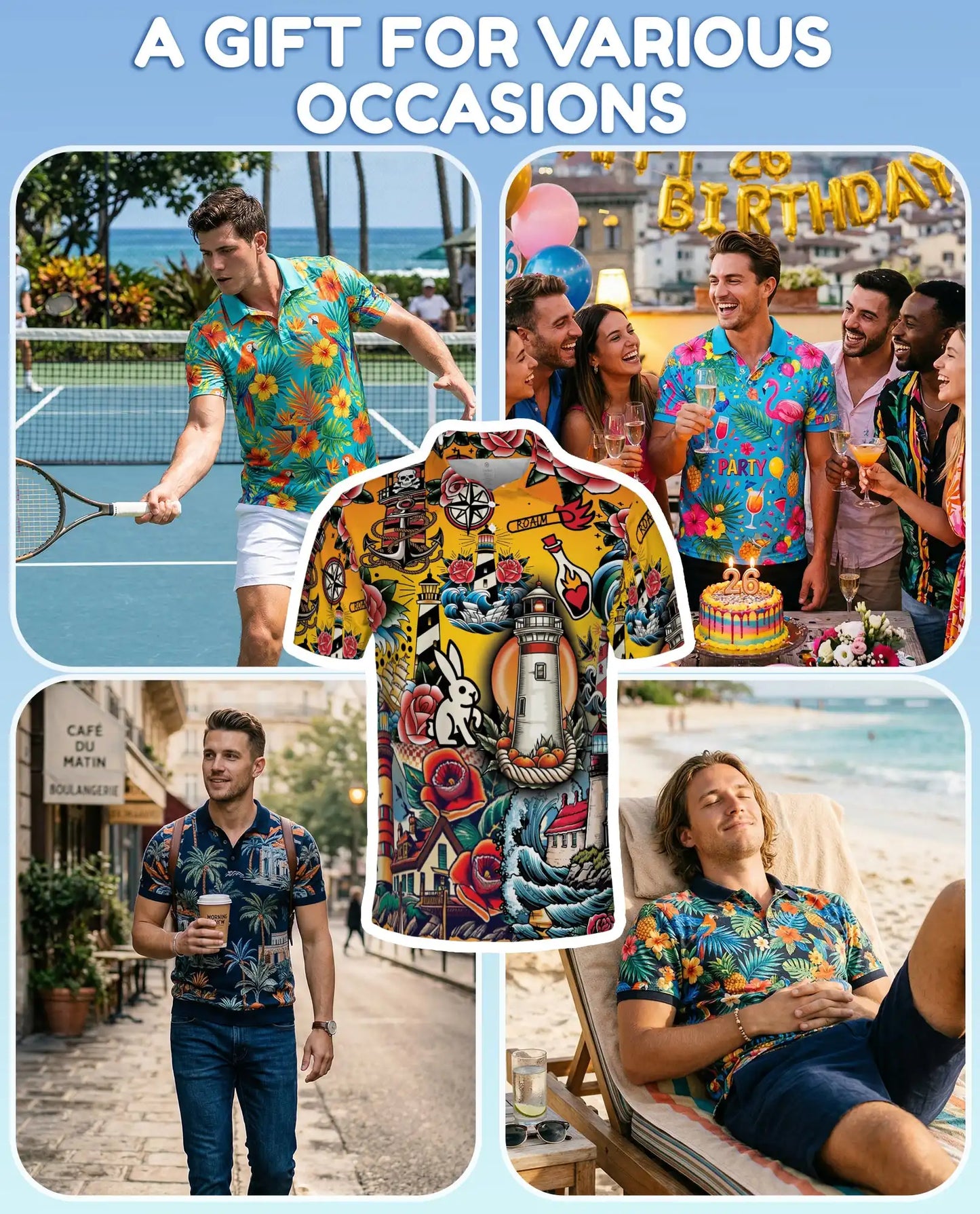 Nautical Tattoo Polo Shirt - Lighthouse Coastal Design | Azhawaiian