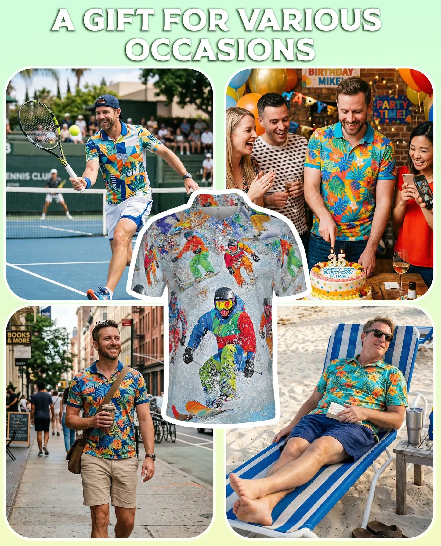 Snowboard Extreme Sports 3D Polo Shirt for Men, Colorful Winter Action Style | Azhawaiian
