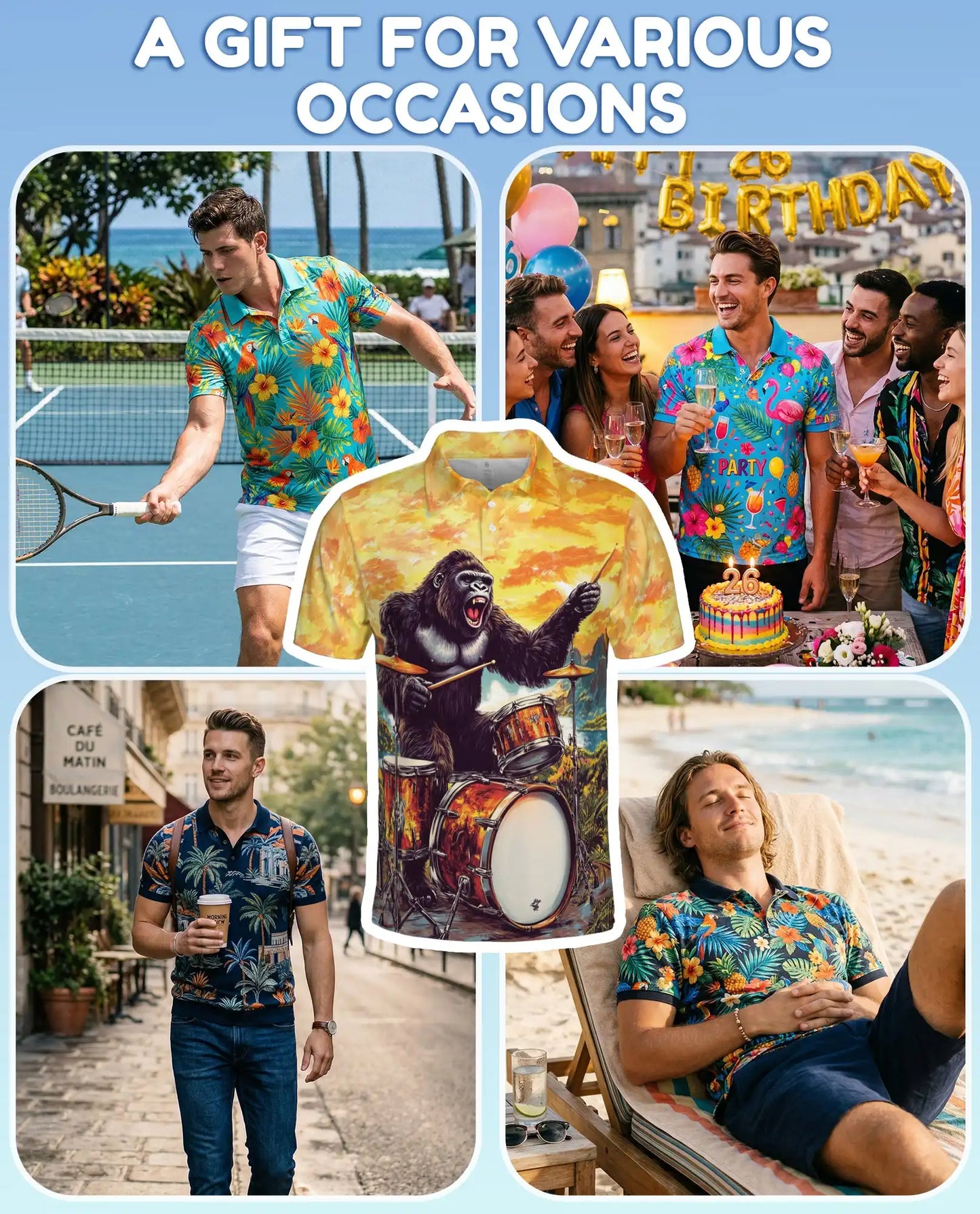 Gorilla Drummer Polo Shirt, Funny Music Style | Azhawaiian