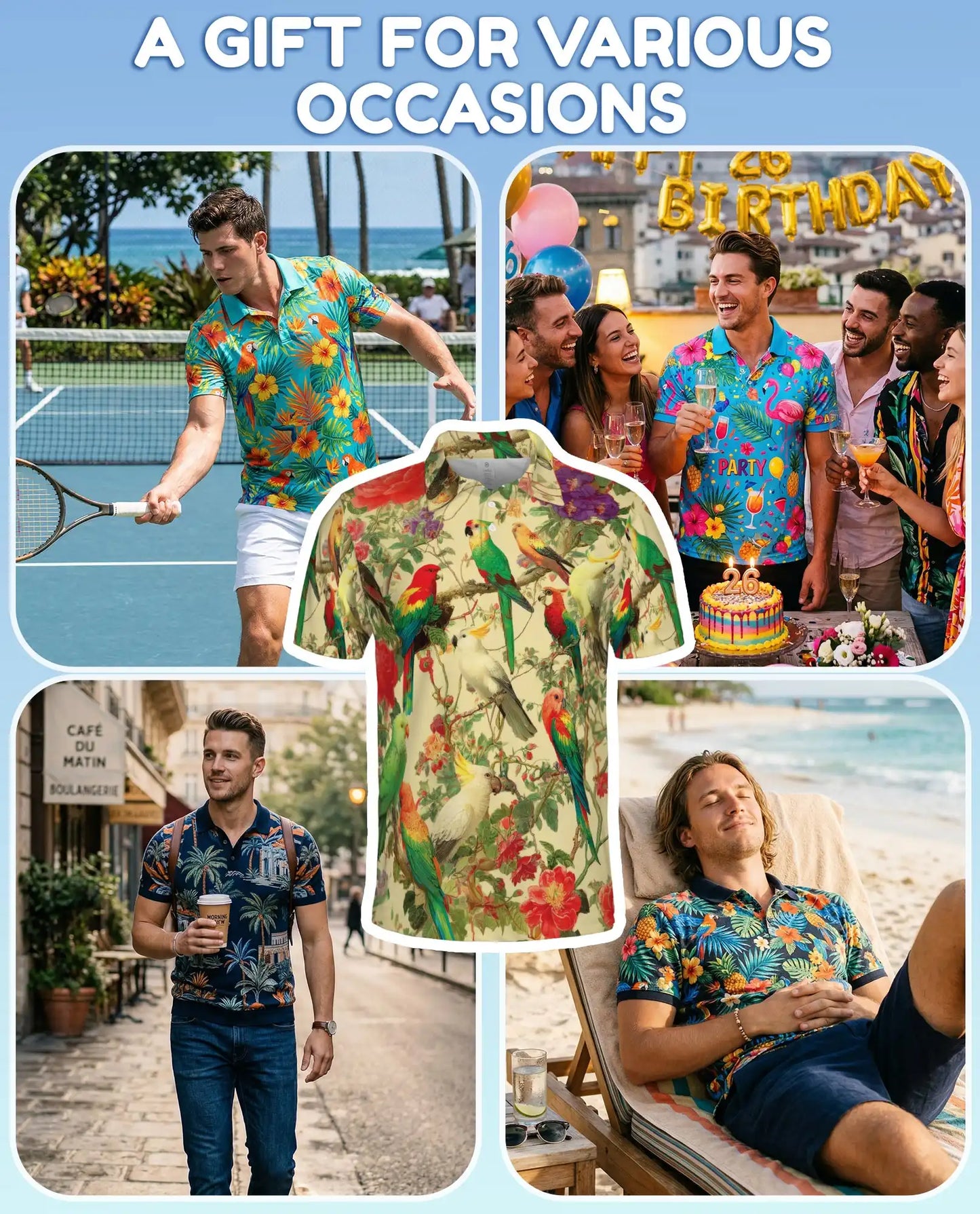 Tropical Birds Polo Shirt for Men, Colorful Parrot Print | Azhawaiian