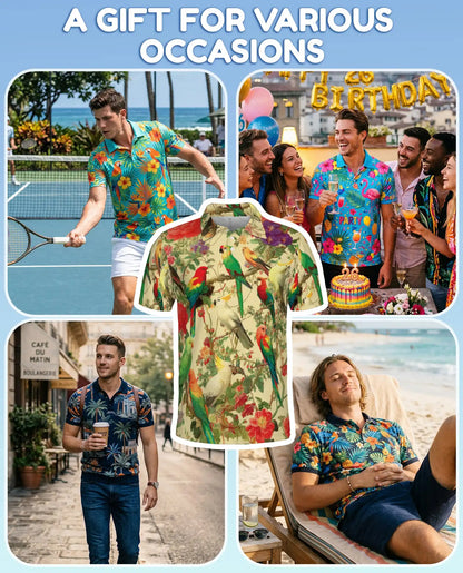 Tropical Birds Polo Shirt for Men, Colorful Parrot Print | Azhawaiian