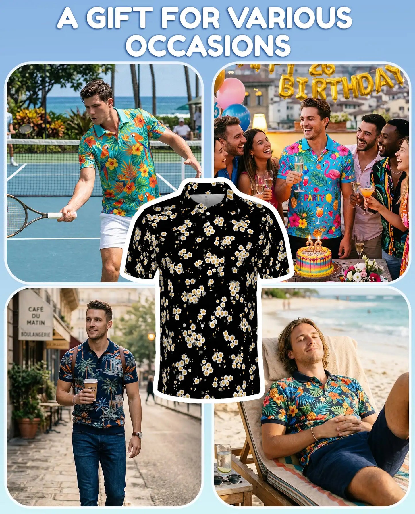 Daisy Flower Polo Shirt for Men, Minimal Floral Style | Azhawaiian