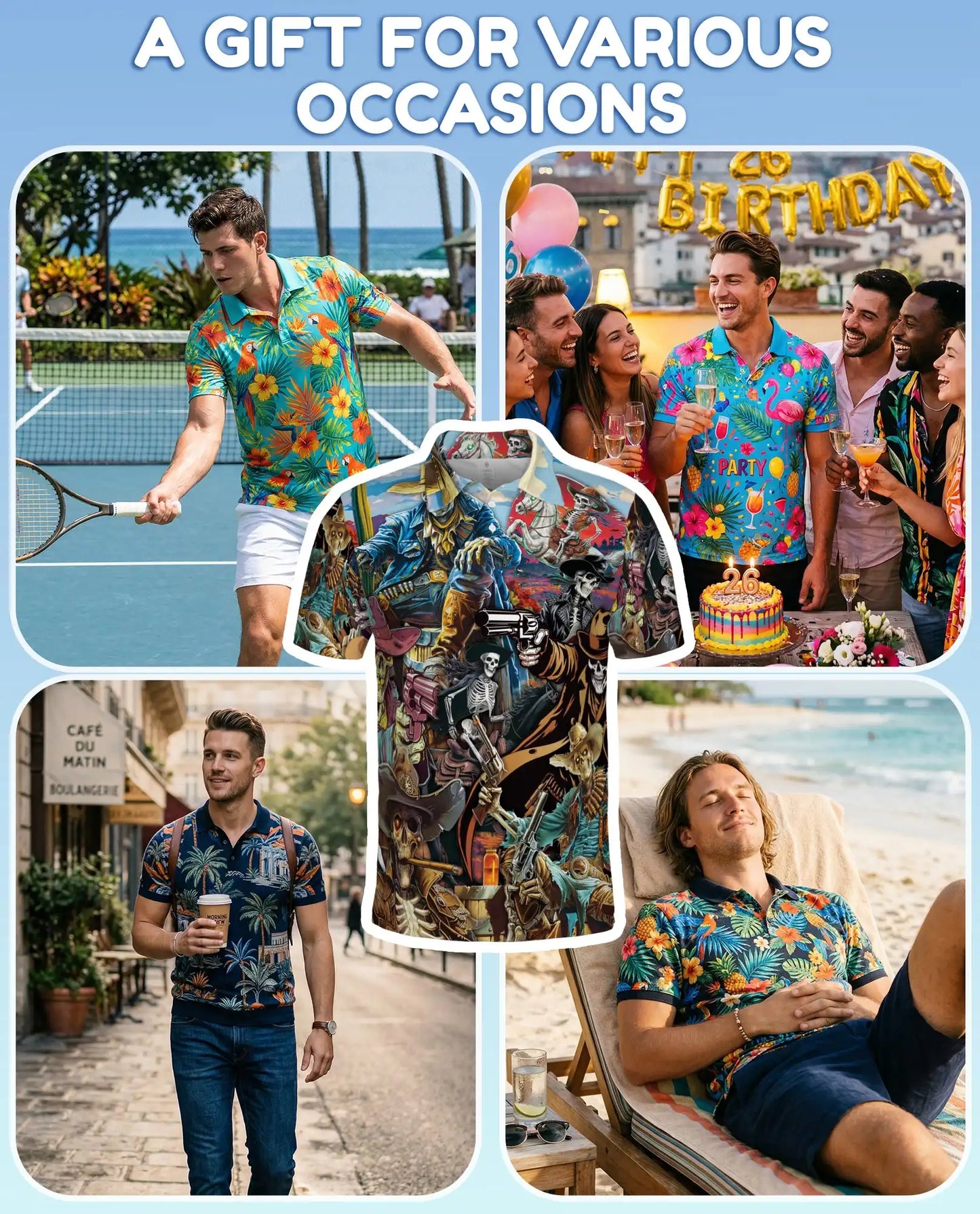 Skeleton Cowboy & Wild West Polo Shirt for Men, Azhawaiian
