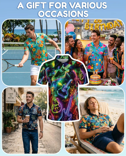 Neon Electric Guitar Rock Polo Shirt for Men | Azhawaiian
