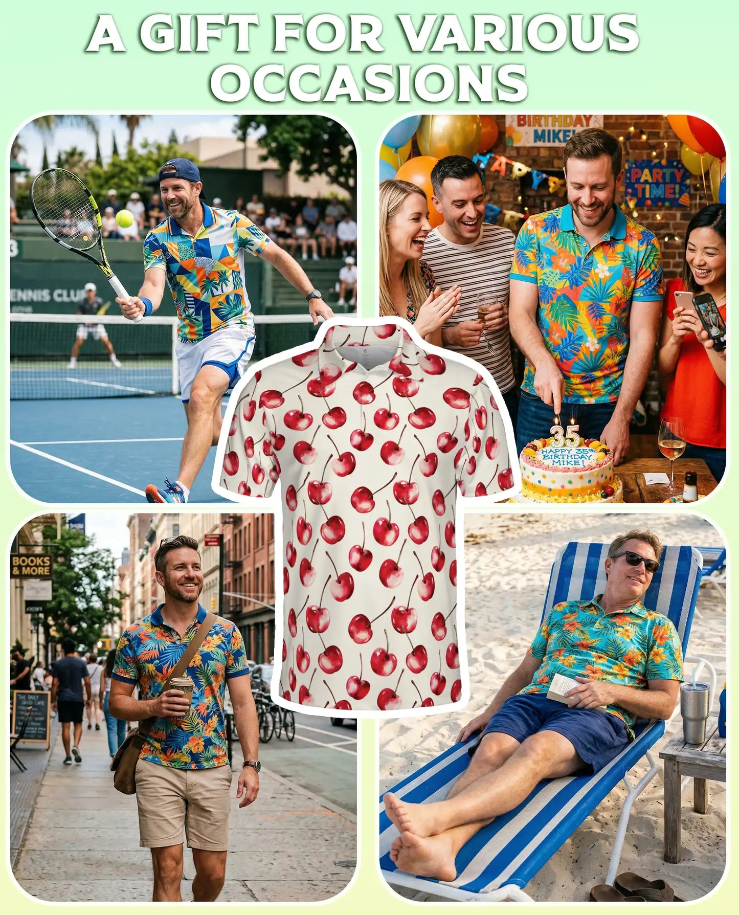 Cherry Print Polo Shirt, Cute Fruit Summer Style | Azhawaiian