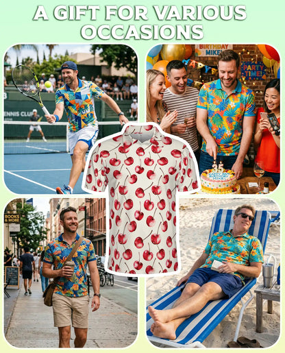 Cherry Print Polo Shirt, Cute Fruit Summer Style | Azhawaiian