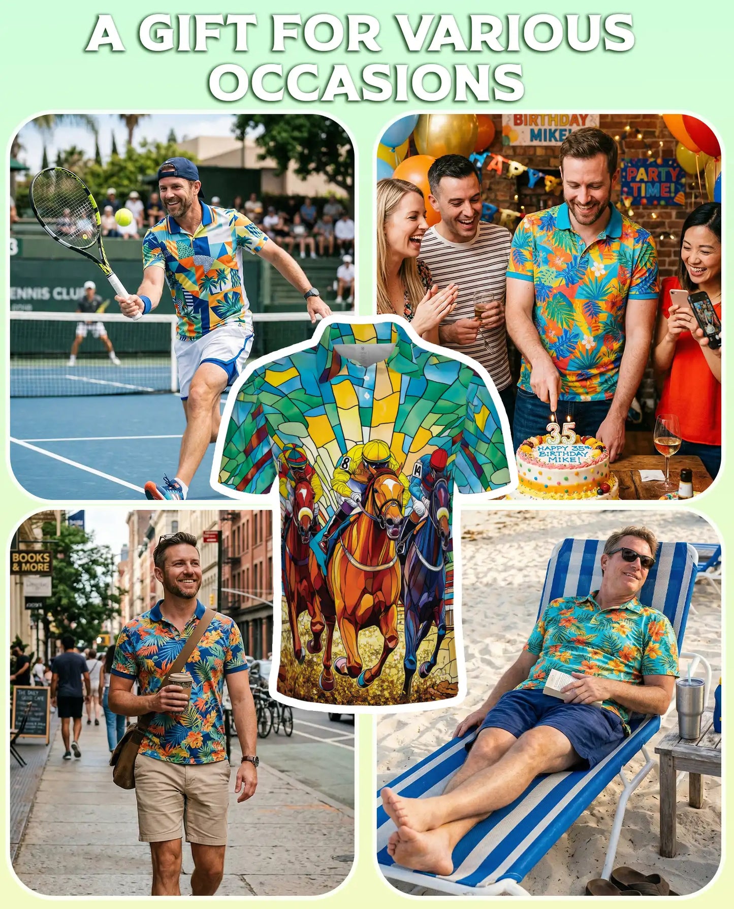 Stained Glass Horse Racing 3D Polo Shirt for Men, Colorful Jockey Derby Style | Azhawaiian