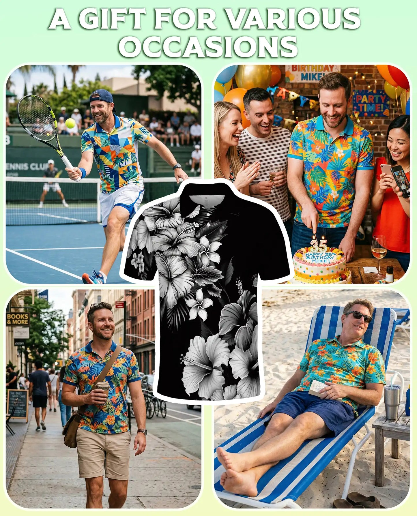 Black White Hibiscus Floral Polo Shirt for Men-Tropical Flower Summer | Azhawaiian