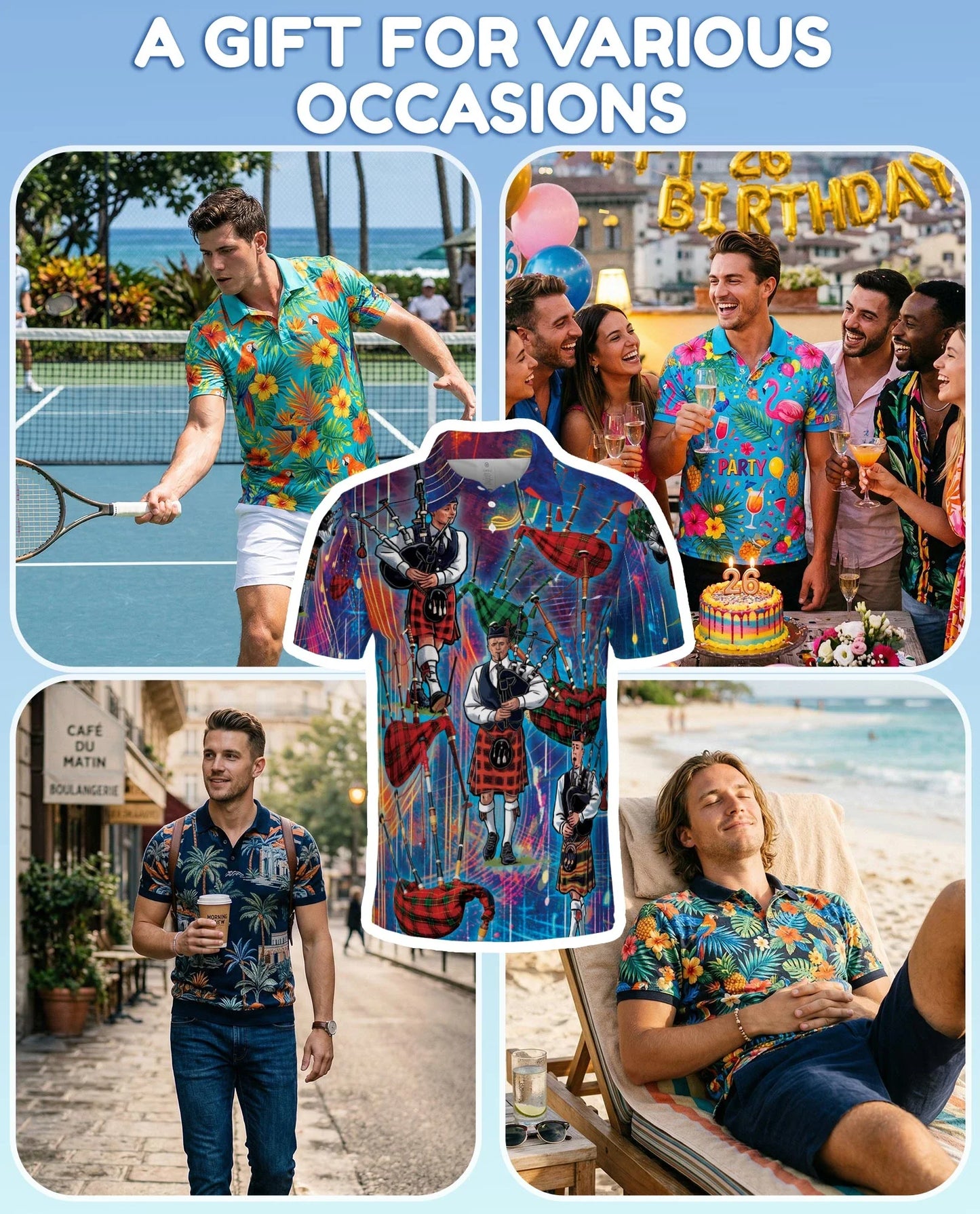 Bagpipes Player Polo Shirt for Men, Scottish Music Style | Azhawaiian