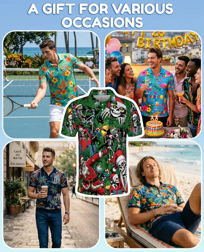 Skeleton Christmas Polo Shirt, Funny Holiday Skull Print | Azhawaiian