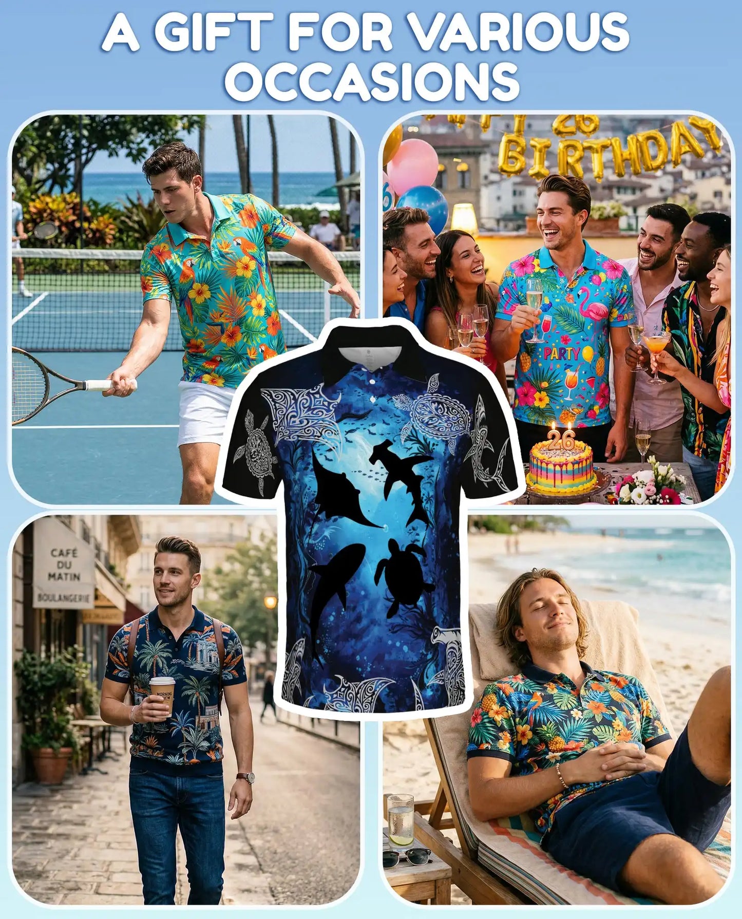Ocean Turtle Shark Polo Shirt for Men, Tribal Sea Style | Azhawaiian