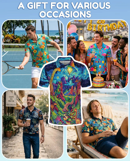 Dinosaur Fantasy Polo Shirt, Colorful Cosmic Art | Azhawaiian