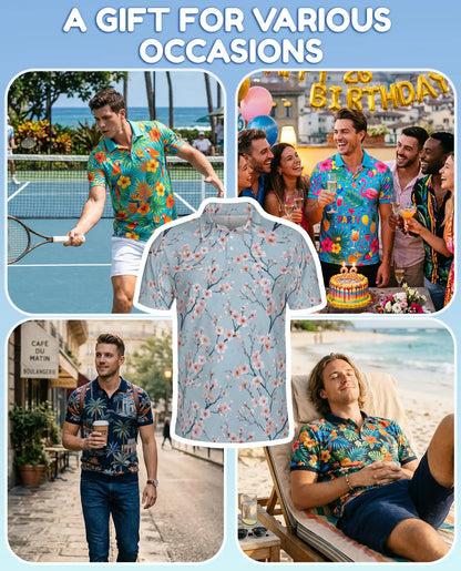 Blue Cherry Blossom Polo Shirt for Men, Spring Floral Style | Azhawaiian