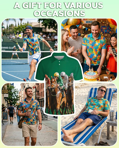 Green Horse Racing 3D Polo Shirt for Men, Jockey Derby Sports Style | Azhawaiian