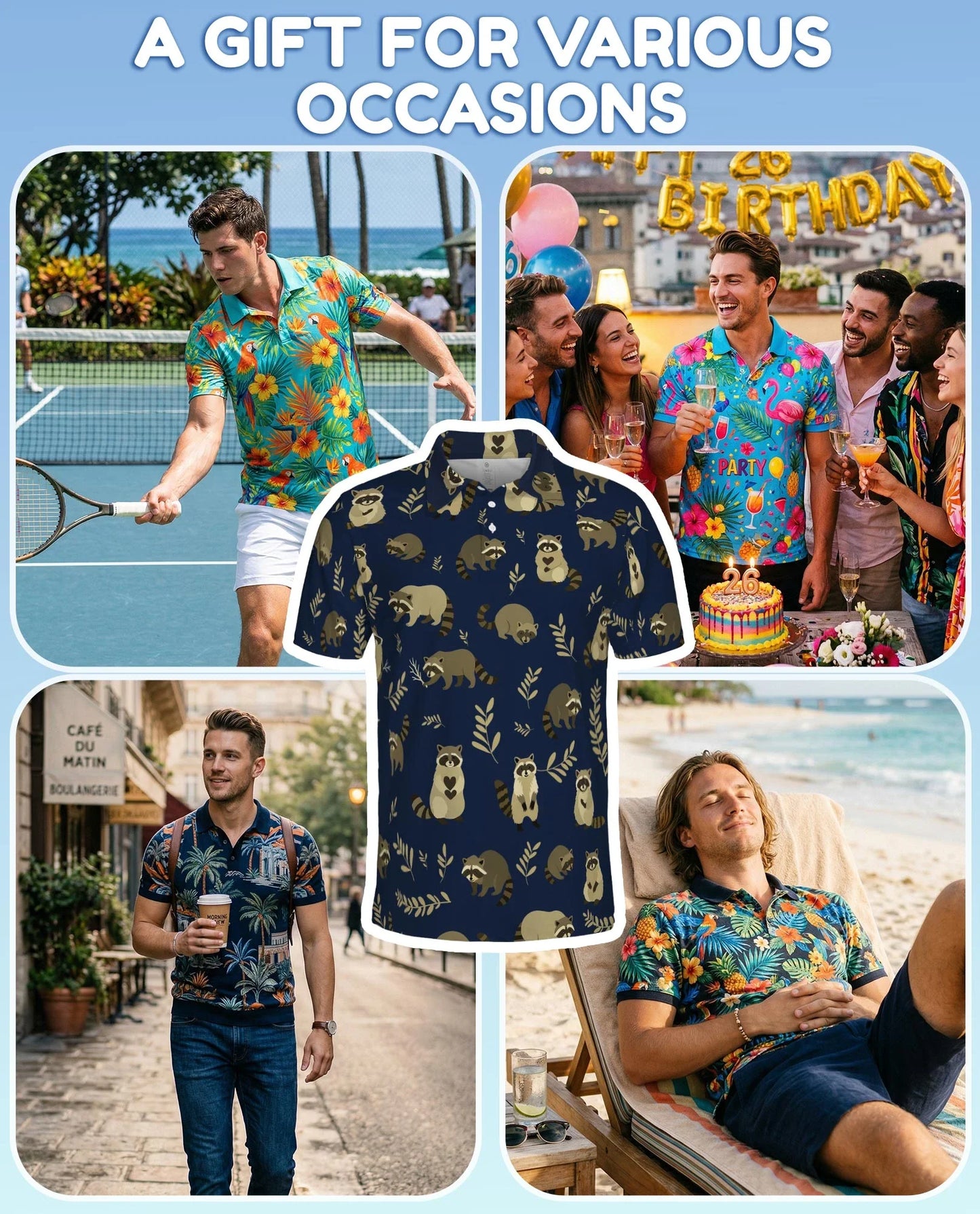 Raccoon Pattern Polo Shirt for Men, Cute Wildlife Animal Style | Azhawaiian