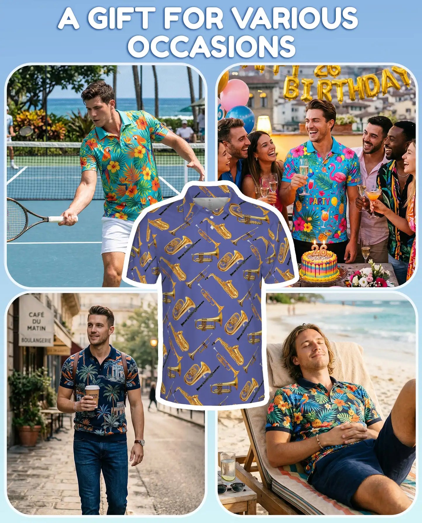 Musical Instruments Polo Shirt for Men-Print  Saxophone Trumpet | Azhawaiian
