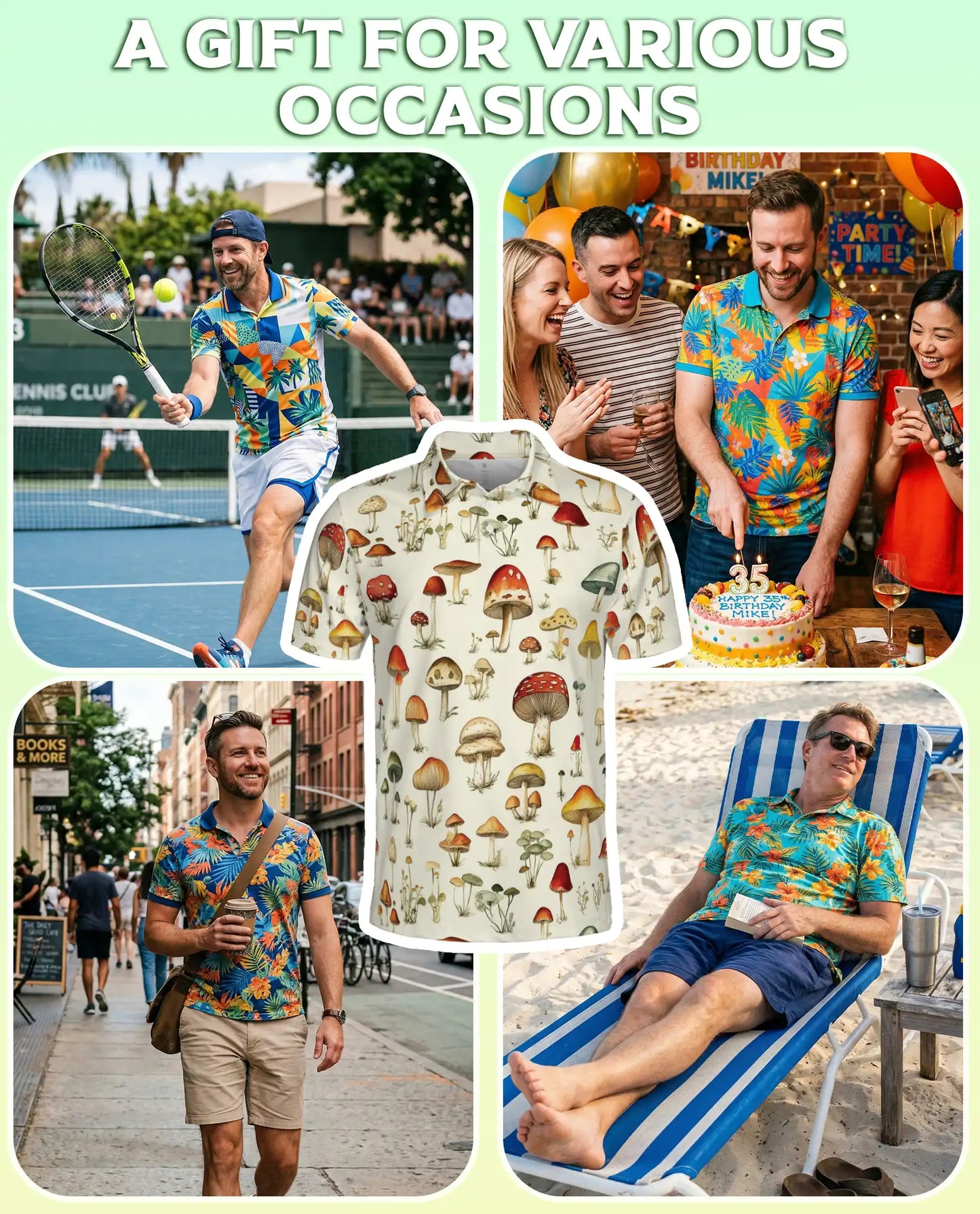 Mushroom Botanical Polo Shirt, Vintage Nature Print | Azhawaiian