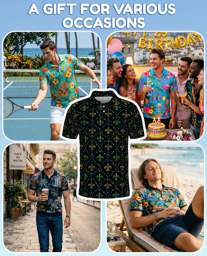 Mardi Gras Pattern Polo Shirt for Men, Carnival Festival Style | Azhawaiian