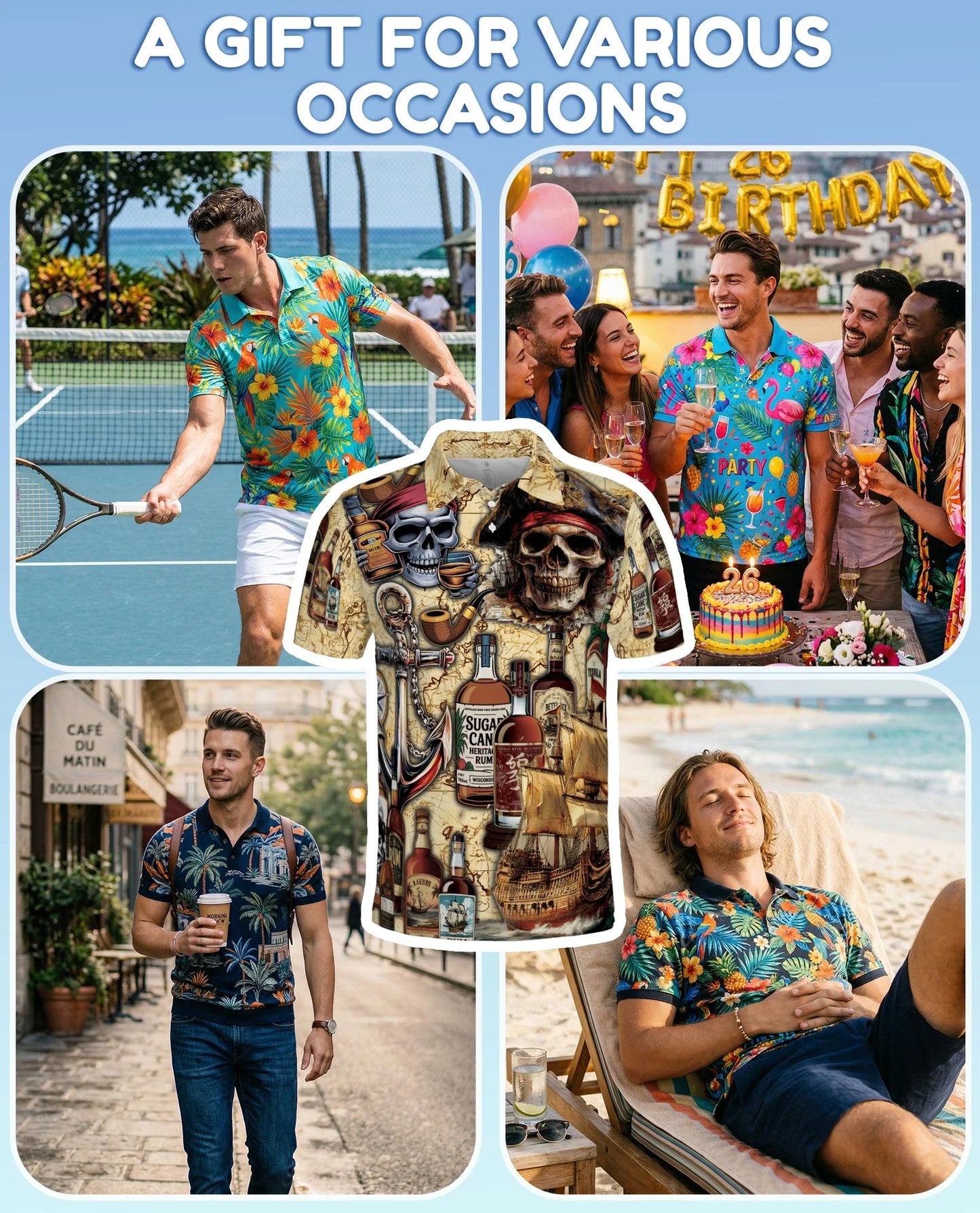 Caribbean Pirate Skull Polo Shirt for Men, Tropical Adventure Style | Azhawaiian