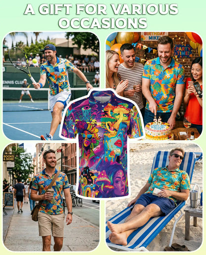 Psychedelic Mushroom Art 3D Polo Shirt for Men, Neon Trippy Fantasy Style | Azhawaiian