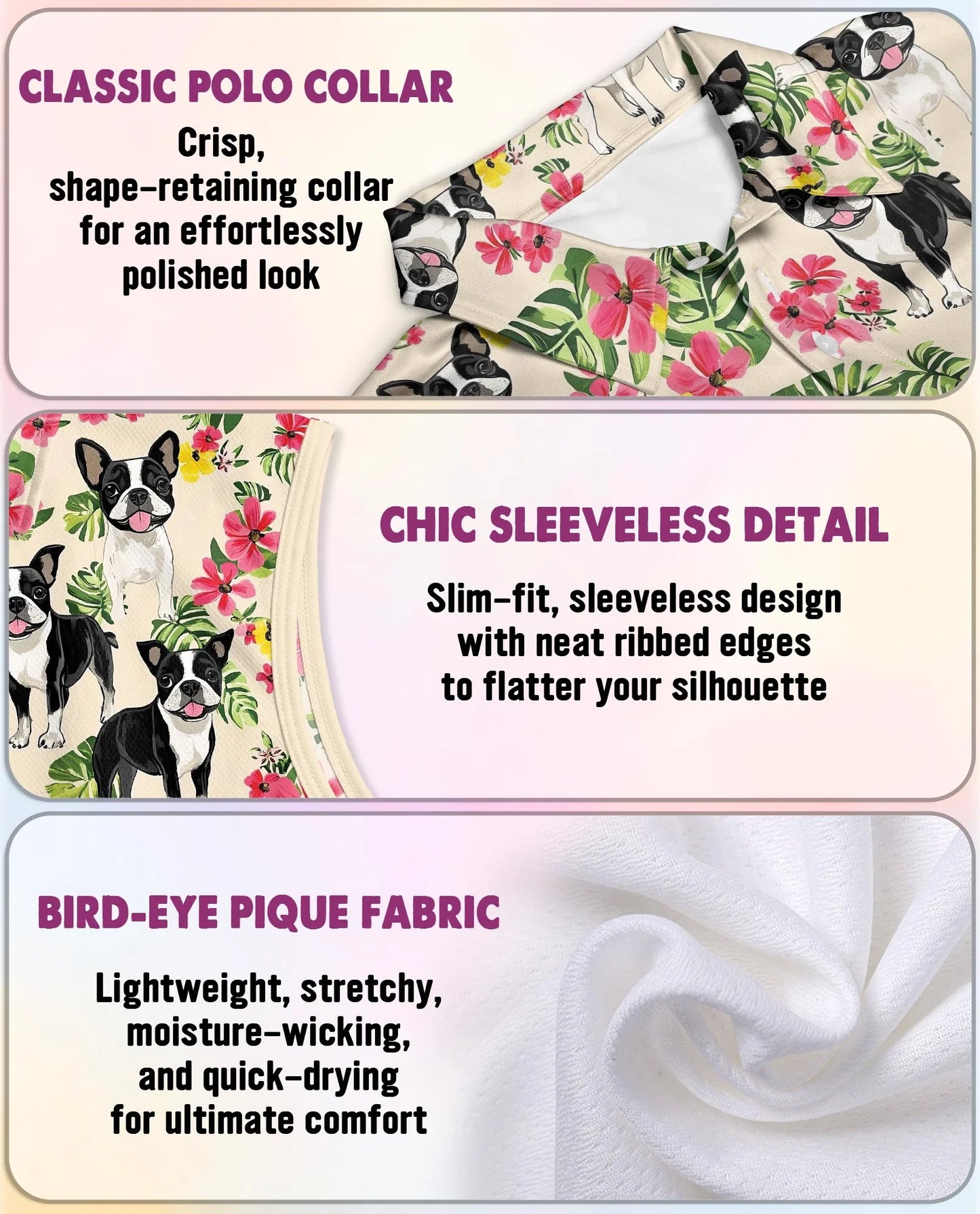 Boston Terrier Floral Sleeveless Polo Shirt for Women, Cute Dog Style | Azhawaiian