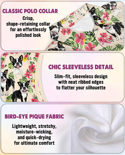 Boston Terrier Floral Sleeveless Polo Shirt for Women, Cute Dog Style | Azhawaiian