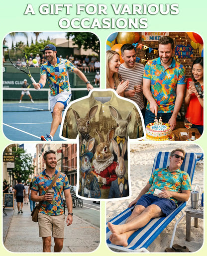 Vintage Rabbit 3D Polo Shirt for Men, Victorian Bunny Art Style | Azhawaiian