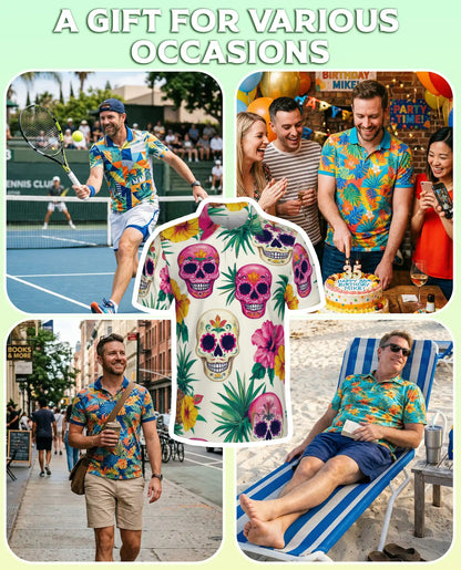 Sugar Skull Polo Shirt, Tropical Floral Print | Azhawaiian