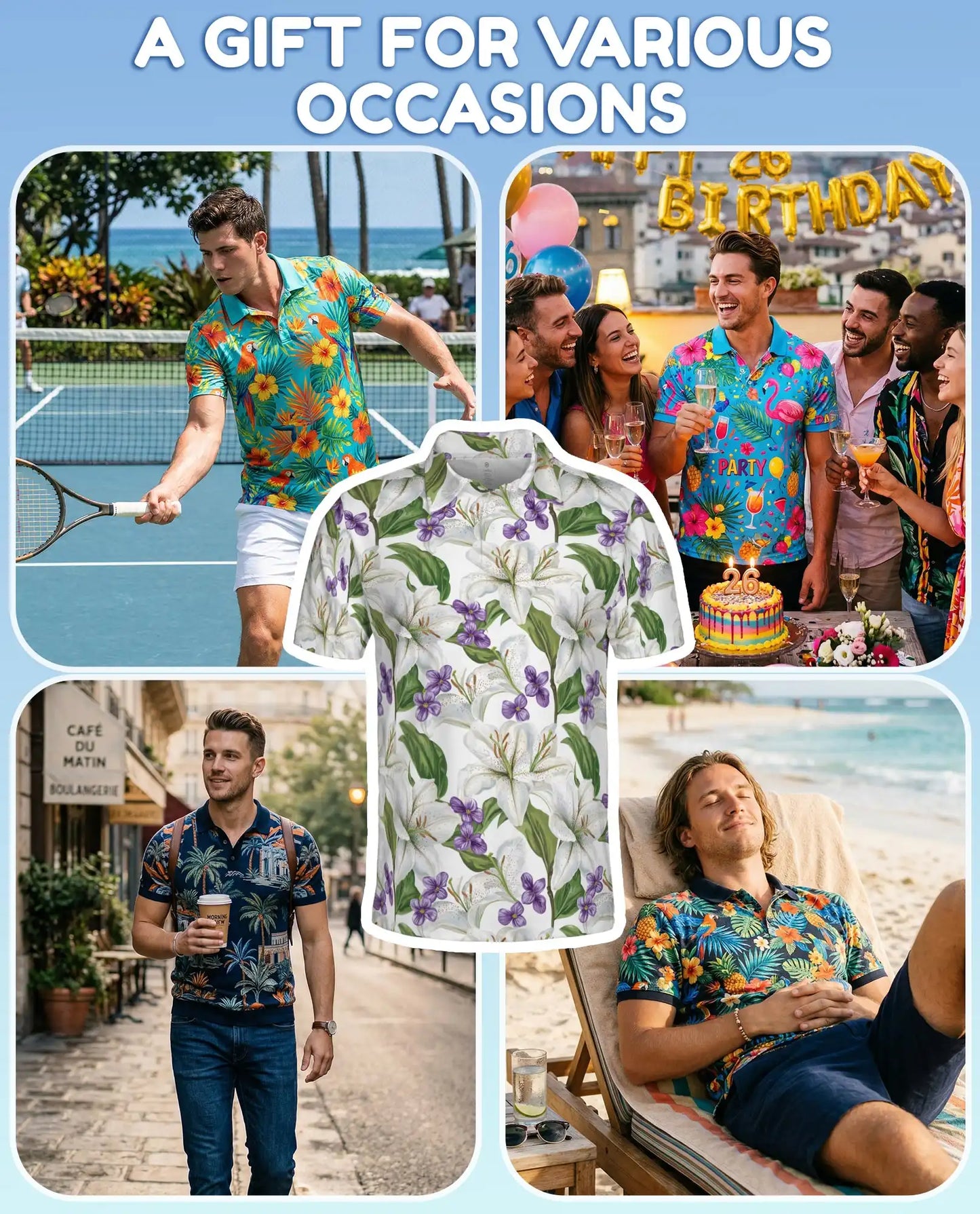 White Lily Polo Shirt for Men, Elegant Floral Style | Azhawaiian
