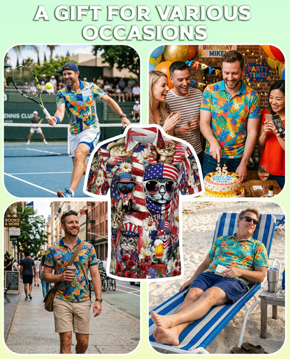 Patriotic Cat 3D Polo Shirt for Men, 4th of July USA Flag Style | Azhawaiian