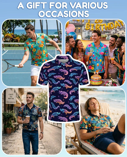 Neon Crocodile Polo Shirt for Men, Night Party Style | Azhawaiian