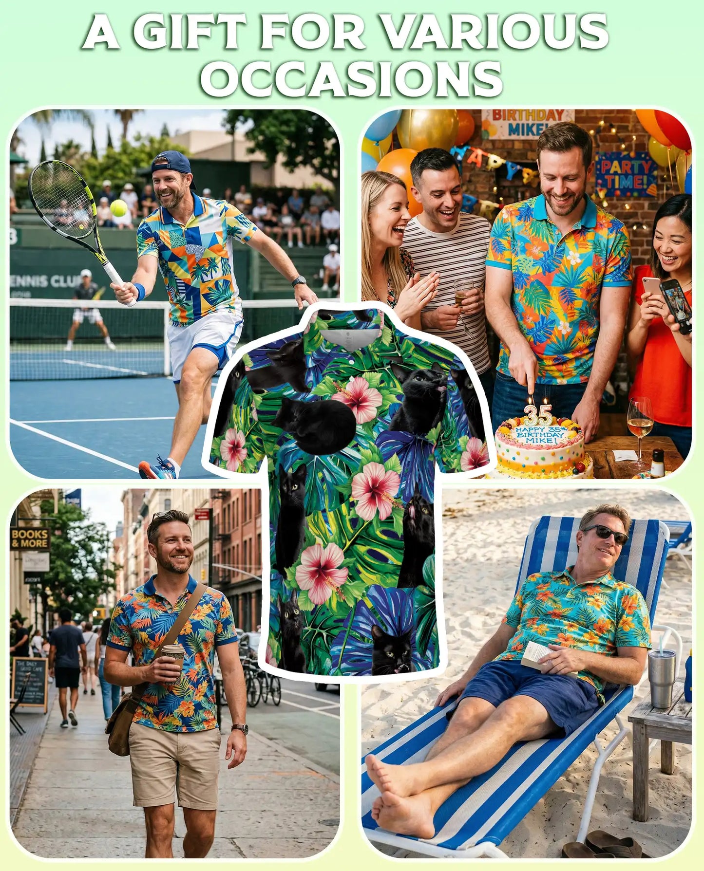 Black Cat Tropical Hibiscus 3D Polo Shirt for Men, Hawaiian Pet Lover Style | Azhawaiian