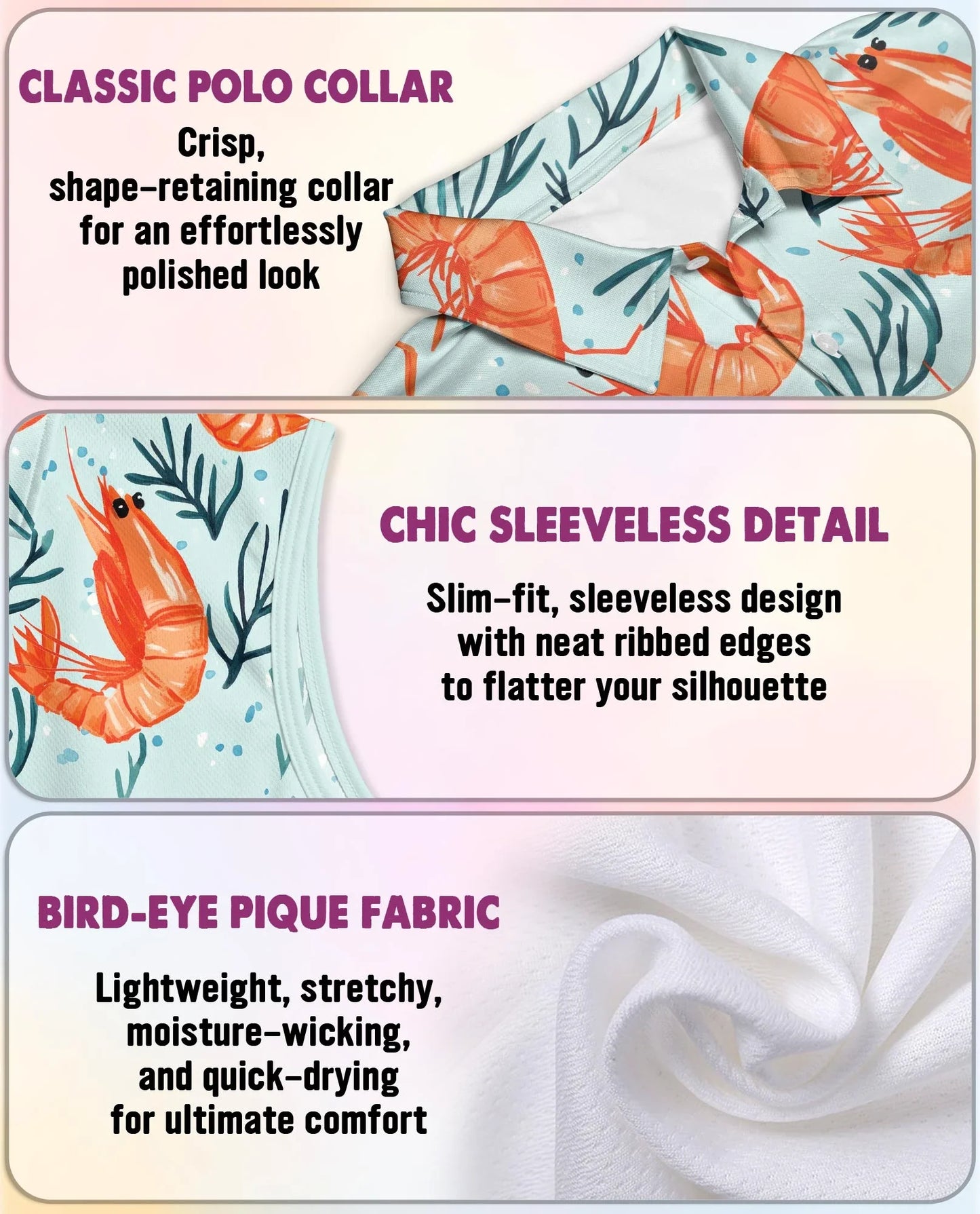 Shrimp Print Sleeveless Polo Shirt for Women | Azhawaiian