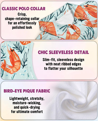 Shrimp Print Sleeveless Polo Shirt for Women | Azhawaiian