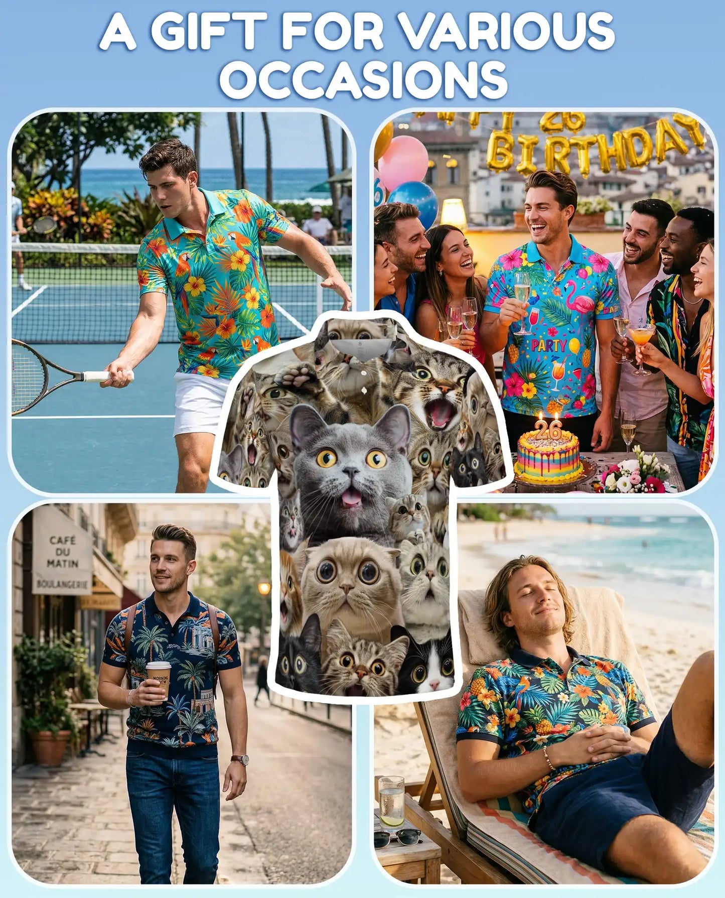 Funny Cat Faces Polo Shirt for Men - Cute Cat Lover | Azhawaiian