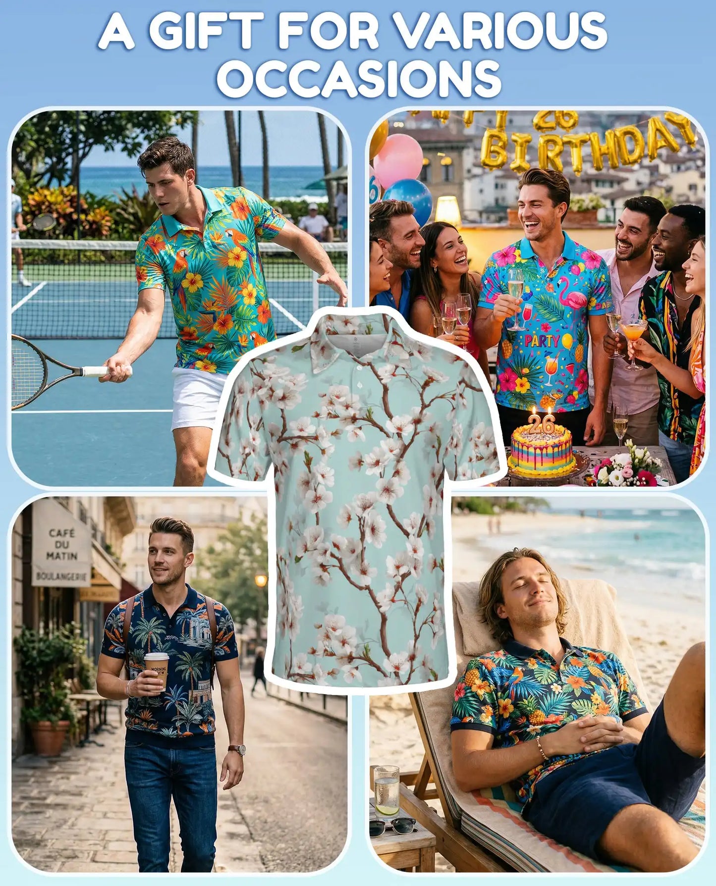 White Cherry Blossom Polo Shirt for Men, Spring Floral Style | Azhawaiian
