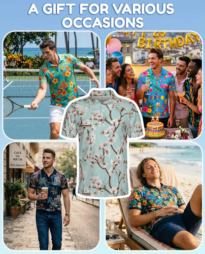 White Cherry Blossom Polo Shirt for Men, Spring Floral Style | Azhawaiian