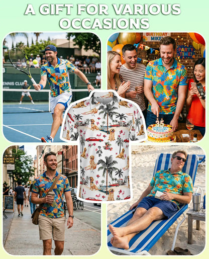 Golden Retriever Tropical 3D Polo Shirt for Men, Beach Vacation Island Style | Azhawaiian