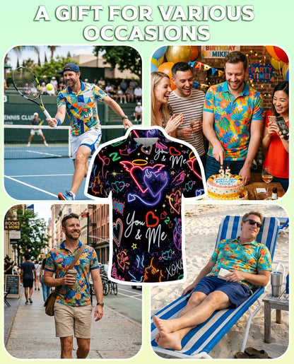 Neon Valentine Polo Shirt, Retro Love Heart Glow Print | Azhawaiian