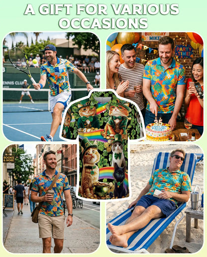 Lucky Cat St Patrick’s Day 3D Polo Shirt for Men, Irish Rainbow Style | Azhawaiian