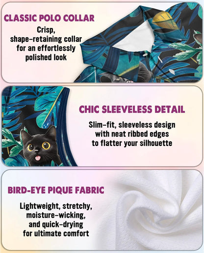 Black Cat Tropical Leaf Sleeveless Polo Shirt for Women | Azhawaiian