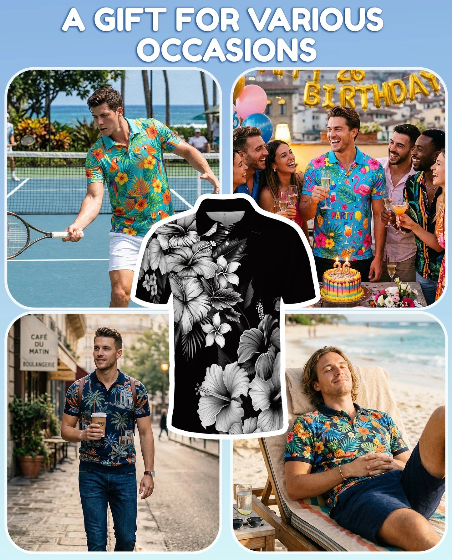 Black White Hibiscus Polynesian Polo Shirt for Men, Tribal Island Style | Azhawaiian