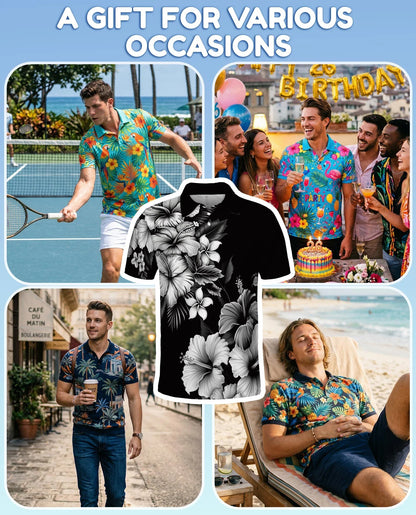 Black White Hibiscus Polynesian Polo Shirt for Men, Tribal Island Style | Azhawaiian
