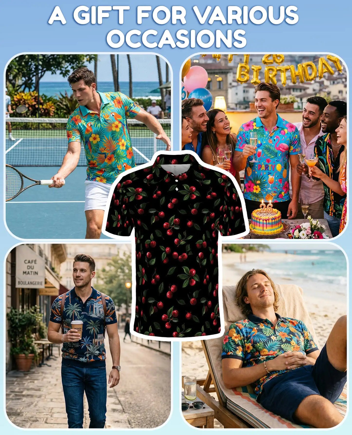 Cherry Fruit Polo Shirt for Men, Classic Fruit Style | Azhawaiian